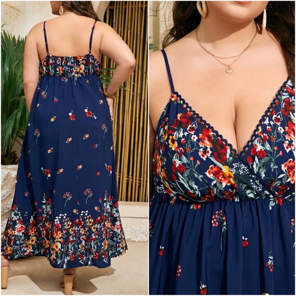 Boho Plus Navy Blue Floral Print Cami Maxi Dress - Picture 3 of 8